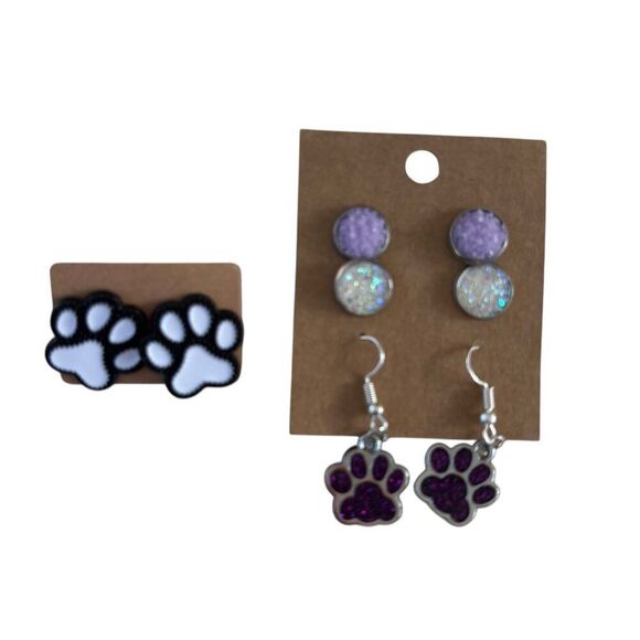 Paw Print Earrings Set With Purple & White Studs & Dangle Glitter - Picture 1 of 6